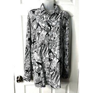 Vintage - XL - City Streets Men's Button-Down Shirt - Black & White Graphic